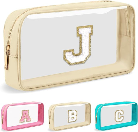 Personalized Initial Letter Clear Makeup Bag, Preppy Small Nylon & PVC Cosmetic Zipper Bag with Chenille Letter, Portable Beach Travel Skincare Toiletry Bag, Trendy Monogram Gift for Teen Girls Women, J