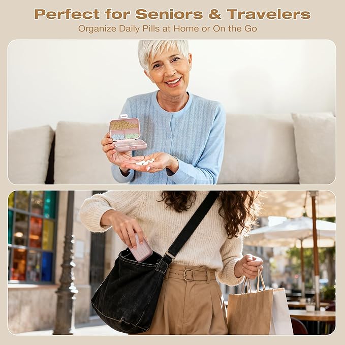 Travel Pill Box, Double Layer 7-Compartments Large Pill Organizer, Portable Weekly Pill Case Container for Pocket, 7 Day Compact Medicine Holder for Vitamins, Fish Oils, Supplements Pink