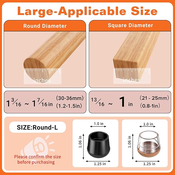 Chair Leg Floor Protectors Large 24Pcs,Silicone Chair Leg Protectors for Hardwood Floors/Tiles,360°Wrapped Felt Bottom to Prevent Scratch and Reduce Noise, Round Black
