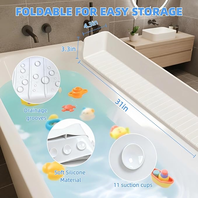 2.62FT Bathtub Splash Guard with Strong Suction Cups, Silicone Toy Tray Caddy Holder Storage for Kids, Water Leak & Splash-Proof, Suitable for Kitchen Sinks and Bathroom bathtubs（Grey）