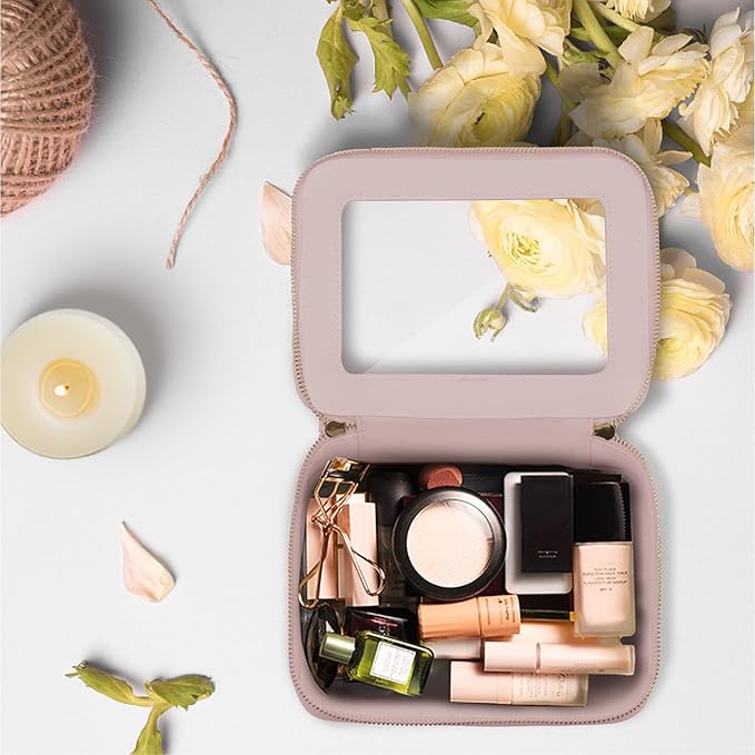 Prite Clear Makeup Bag Cosmetic Organizer Case Waterproof Travel Toiletry Bag Skincare Pouch with Golden Zipper (Pearlescent Pink)