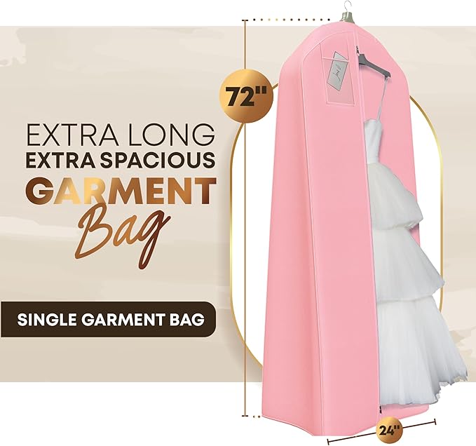 Your Bags Wedding Dress Garment Bag – 72" Garment Bags for Hanging Clothes with 20" Gusset for Puffy Gowns – Durable Dress Cover for Travel or Storage – Rip-Resistant with ID Window - Lt Pink