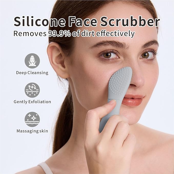 Blackhead Remover Tools, 2 in 1 Face Scrubber Black Head Remover for Face Nose, Silicone Face Mask Applicator Pore Cleaner Spatula Brush for Daily Skin Care, Deep Clean Master for Women Men (Gray)