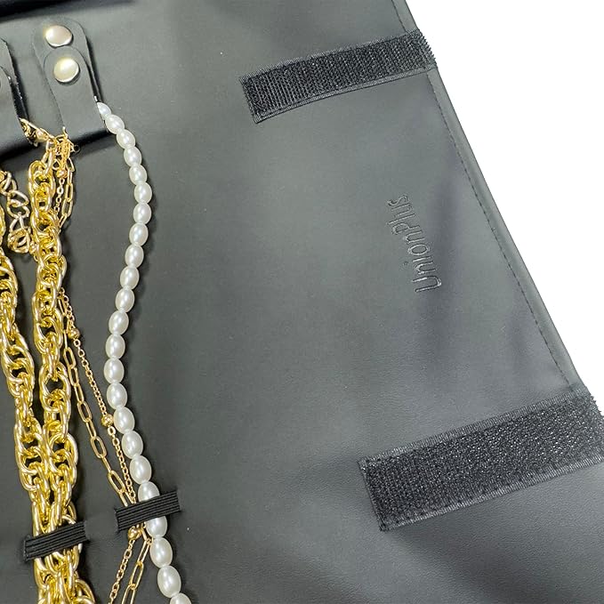 UnionPlus Travel Jewelry Roll, Faux Leather Necklaces Organizer Bag, Elastic Band and Anti-winding, Black