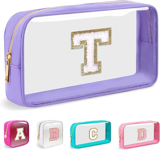 Small Clear Personalized Initial Makeup Bag,Preppy Nylon A-Z Chenille Letter Patch Makeup Organizer TSA Approved Travel Toiletry Bag,Waterproof Zip Beach Cosmetic Pouch Purse for Women(Purple-White T)