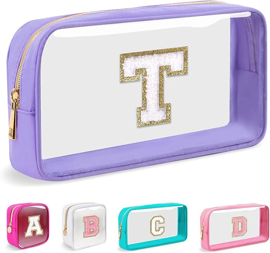 Small Clear Personalized Initial Makeup Bag,Preppy Nylon A-Z Chenille Letter Patch Makeup Organizer TSA Approved Travel Toiletry Bag,Waterproof Zip Beach Cosmetic Pouch Purse for Women(Purple-White T)