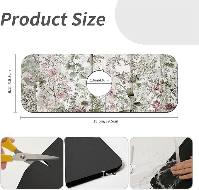 Kitchen Sink Splash Guard，Elegant-forest with flowers Faucet Mat Sink Gadgets-Super Absorbent Fast Drying Mat Drip Catcher for Kitchen, Bathroom,Sink Mat, Dish Drying Mat, Bathroom(15" X 5.5" )