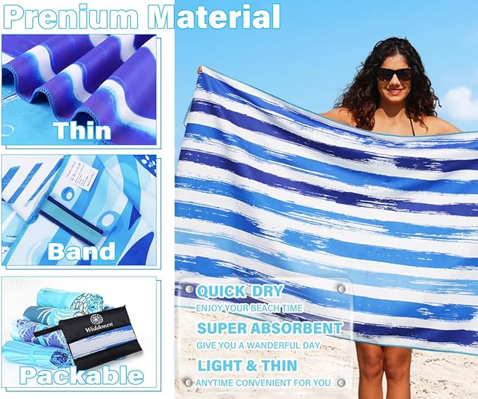 Widdonen Lightweight Thin Microfiber Beach Towel Sand Free Quick Dry Absorbent Compact Soft Pool Swim Travel Towels Extra Large Oversized Beach Accessories Packable Essentials Stuff Gifts for Adult