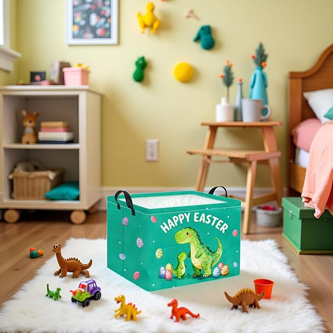 Rectangular Easter Basket Baby Storage Basket with Handles for Home Kitchen Boys and Girls Cute Storage Bin Organizer Shelf Book Room Decor(Green Dinosaur)
