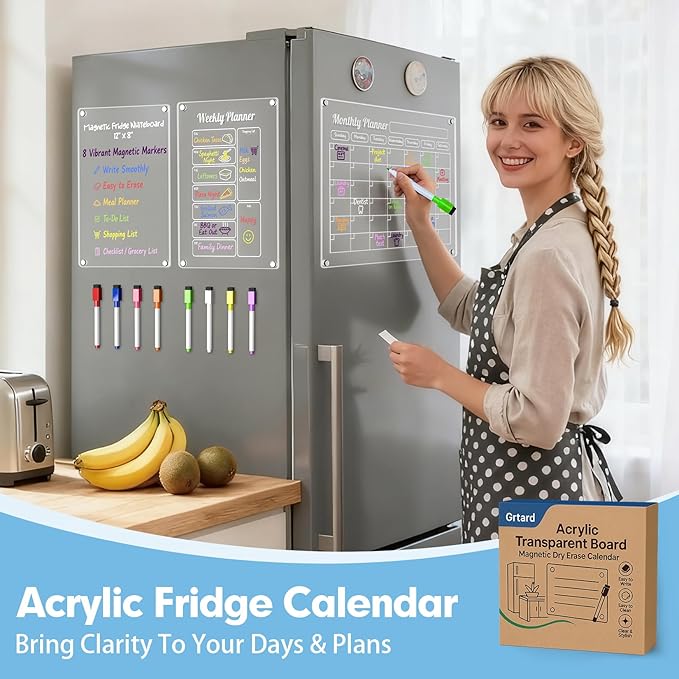 Grtard Acrylic Fridge Calendar Dry Erase Board for Fridge, 3 Pack Acrylic Calendar for Fridge Calendar Magnet, Clear Magnetic Planner Whiteboard for Refrigerator with 8 Colorful Markers