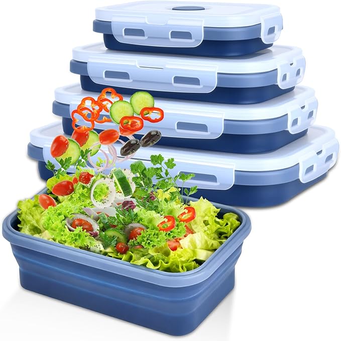 4 Set Collapsible Food Storage Containers Silicone Lunch Container with Lids Collapsible Lunch Box Food for Camper Leftovers Snacks Meals Dorm Kitchen Microwave Dishwasher and Freezer Navy Blue