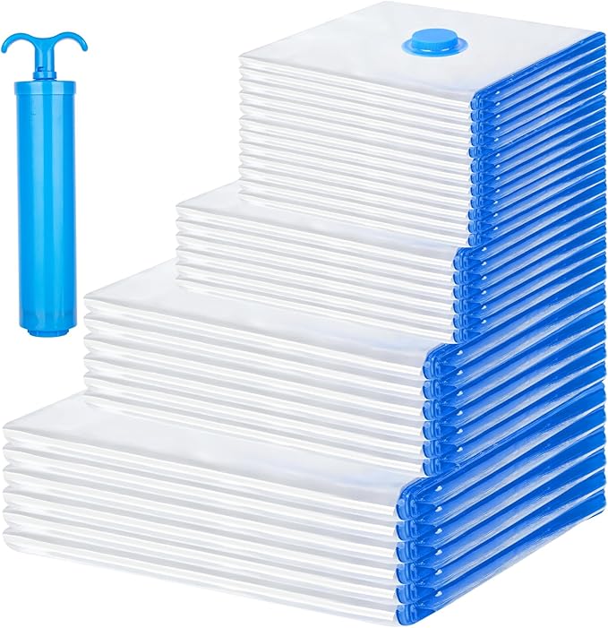 30 Pack Vacuum Storage Bags with Electric Pump, Compression Space Saver Vacuum Seal Bags 6 Jumbo/6 Large/6 Medium/6 Small/6 Roll Up Bags for Clothing Travel Comforters Blankets Pillows Bedding Duvets