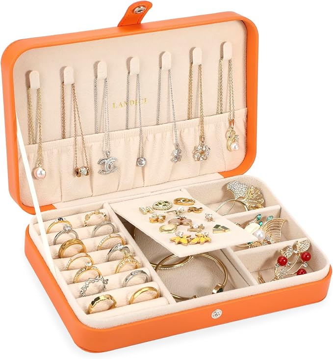 LANDICI Small Jewelry Box for Women Girls, PU Leather Travel Jewelry Case, Portable Jewelry Organizer Storage Holder Display for Ring Earrings Necklace Bracelet Bangle Men Kids Gift, Orange
