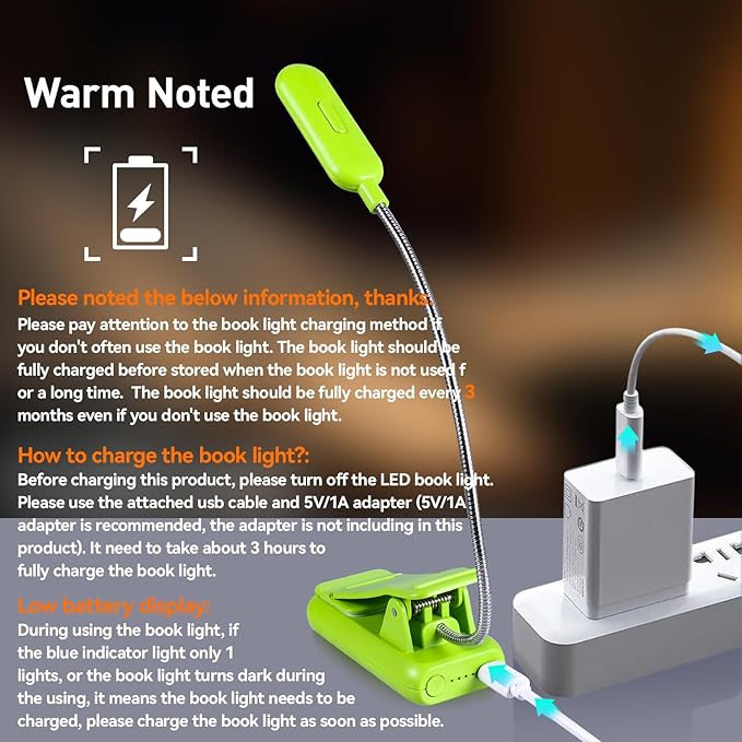 VAVOFO Rechargeable Book Light for Reading in Bed Kids, 7 LED Reading Light with 9-Level Warm Cool White Daylight, Eye Care Lamp with Power Indicator for Bookworms (Neon Green)