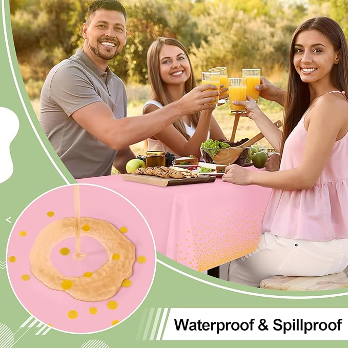 misaya 10 Packs Dot Disposable Table Cloth, 54 x 108 Inch Waterproof Plastic Tablecloth, Rectangle Gold Dots in Pink Table Covers for Mother's Day, Picnic, Birthday, Party