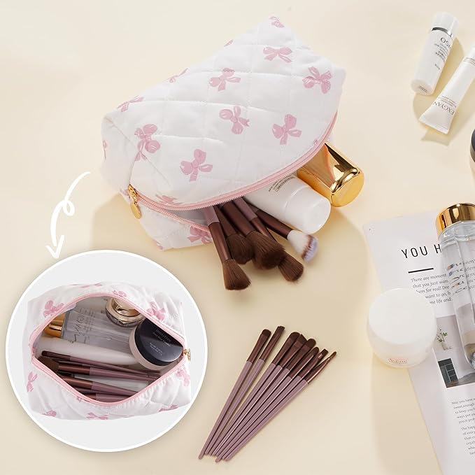 UUUYUUY Makeup Bag Travel Toiletry Bag for Women, Small Cosmetic Bags Cute Quilted Cotton Makeup Pouch for Purse Emergency Bag for School Floral Pencil Case Accessory Bag, Pink Bow
