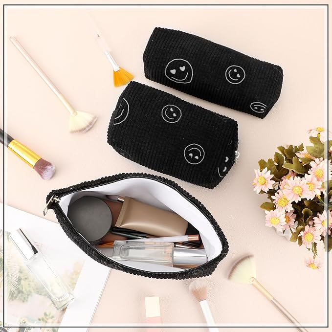 3 Pcs Makeup Bag Set for Women Corduroy Cosmetic Pouch Aesthetic Smile Travel Toiletry Bag Cute Purse Pouch Pencil Case Makeup Brushes Storage Organizer for Christmas(Black,Smile Face)