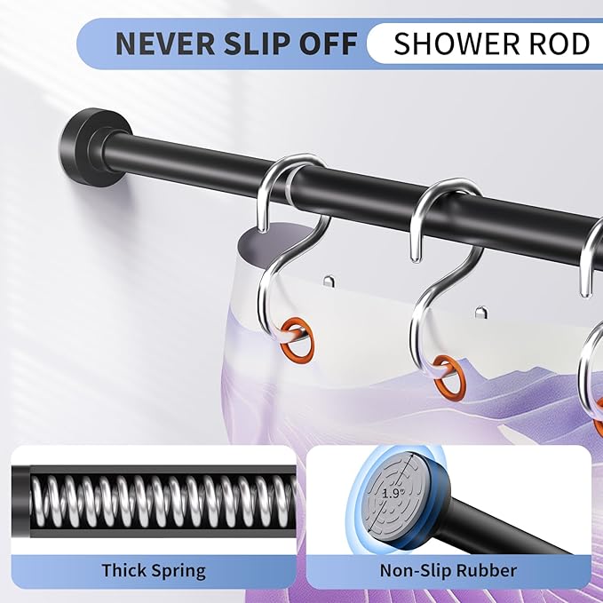 Black Shower Curtain Rod 34-96 Inches(2.8-8ft) Never Rust Adjustable Shower Rod Spring Tension Non Slip No Drilling Shower Rods for Bathroom Garland Window