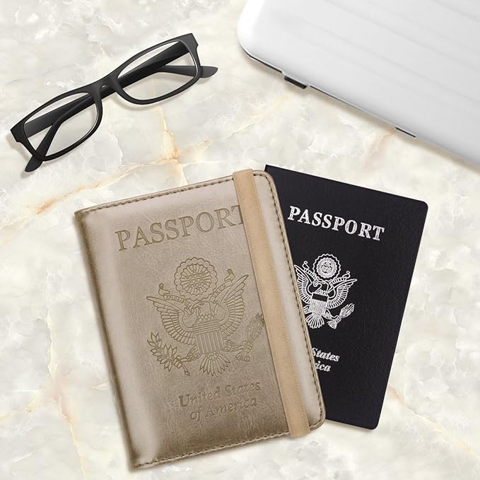 WALNEW Passport Holder for Travel, RFID Passport Cover Wallet for Women Men, PU Leather Passport Book Card Holder Case with Pen, Travelling Essentials for Flying