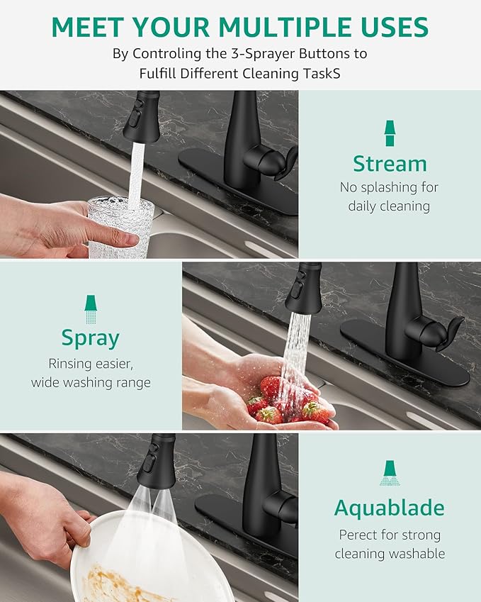 Mbillion Universal Matte Black Kitchen Faucet Spray Head Replacement, 3 Function ABS Sink Faucet Head, Pull-Down Nozzle with 14 Adapters, Compatible with Moen, Delta, Kohler, WEWE American Standard