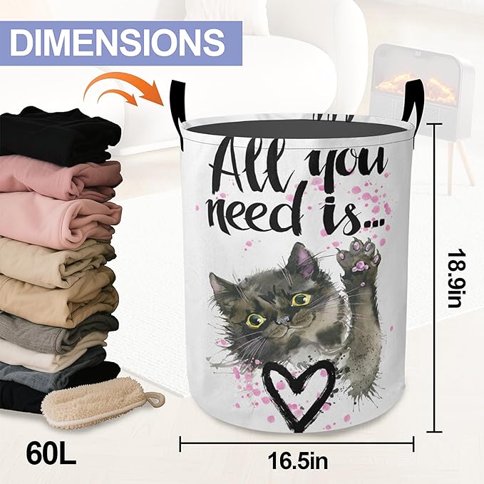 Cute Cat Laundry Basket, All You Need is an Oxford Cloth Laundry Hamper With Handle, Foldable Portable Clothes Storage Basket Storage Bag For Laundry Room/Bathroom/Bedroom/Dormitories