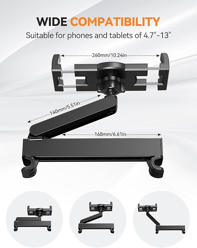 TECKNET Car Headrest Tablet Holder, ipad Car Holder Back Seat [3 in 1 Extension Arm], 360° Rotating Adjustable Road Trip Essentials for Kids,for 4.7-12.9" iPad Pro,Air,Mini,iPhone,Galaxy,Switch,Fire