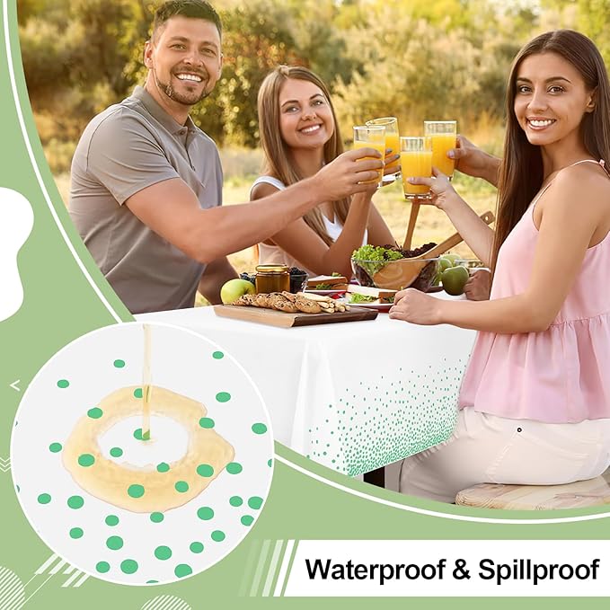 misaya 10 Packs Dot Disposable Table Cloth, 54 x 108 Inch Waterproof Plastic Tablecloth, Rectangle Green Dots in White Table Covers for Picnic, Birthday, Party