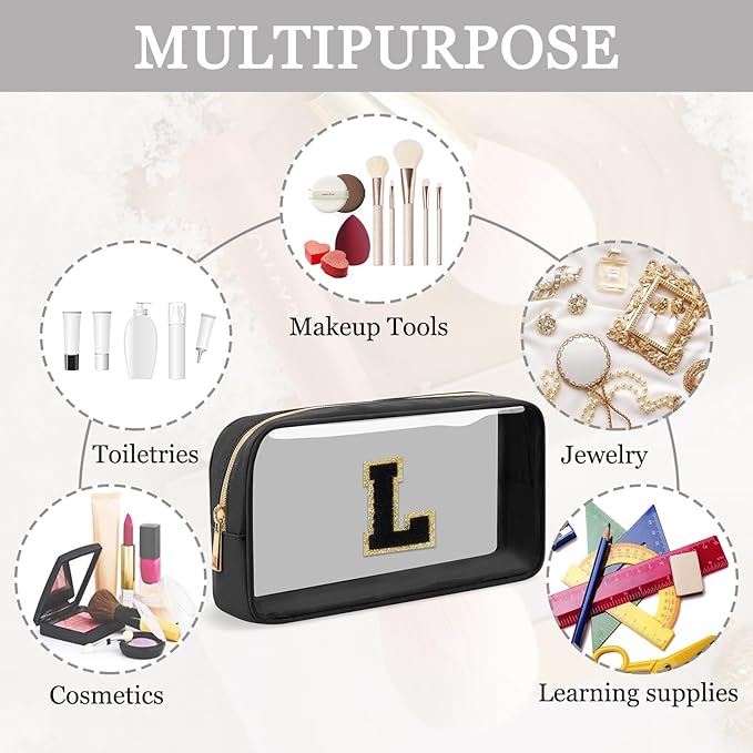 Small Clear Personalized Initial Makeup Bag,Nylon Preppy A-Z Chenille Letter Patch Cosmetic Pouch Beach Toiletry Bag,Waterproof Zipper Travel Purse Storage Bag Organizer for Women Girls(Black-Black L)