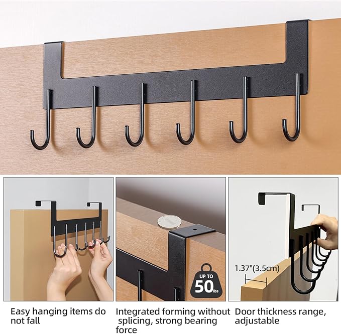 UDENIS Over The Door Hooks, Over The Door Hanger, Heavy Duty Metal Over The Door Towel Rack, Door Hooks for Hanging Coat, Towel, Bag, Robe - 6 Hooks(Matte Black 2Pcs)