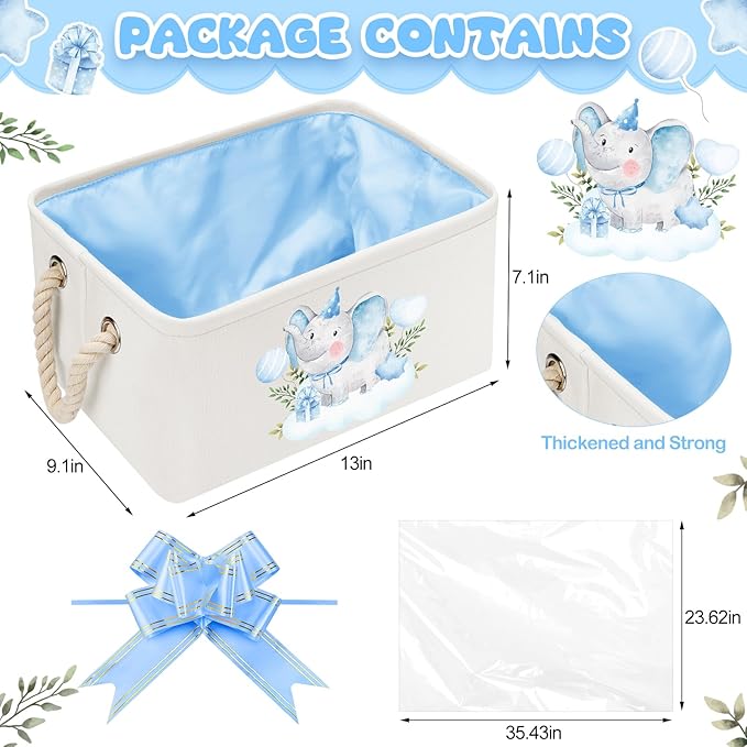 Pickmesh Baby Shower Storage Basket with Gift Bags Rectangular Ribbons Collapsible Canvas Storage Bin with Handles for Diaper Organizing Toy Home DIY Gift Basket, 13 x 9. 1 x 7. 1 Inch(Blue Elephant)