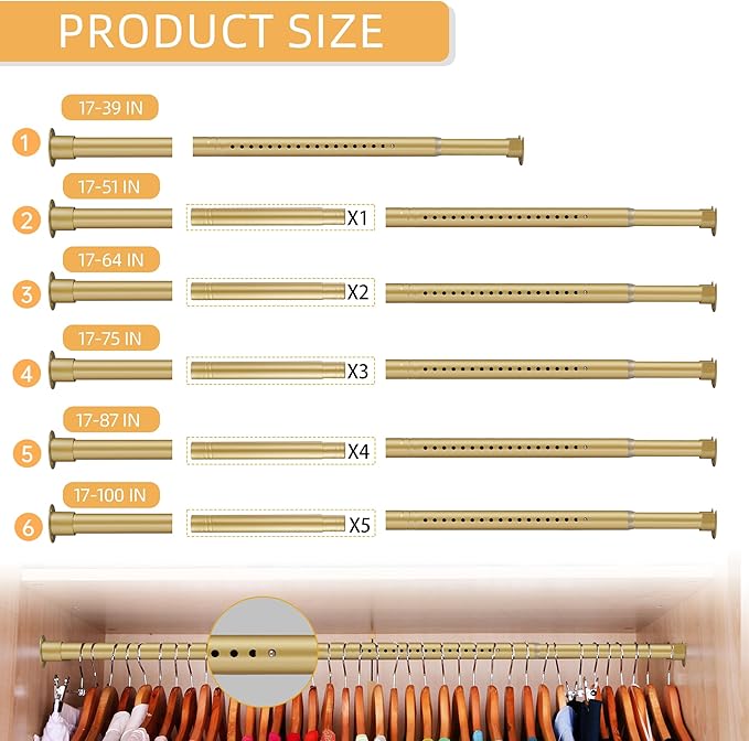 1.3 Inch Diameter Closet Rods for Hanging Clothes 17-87 Inch Adjustable, Metal Heavy Duty Closet Pole, Gold Closet Bar for Hanging Clothes, Suitable for Closet, Wardrobes, Bathroom, Windows