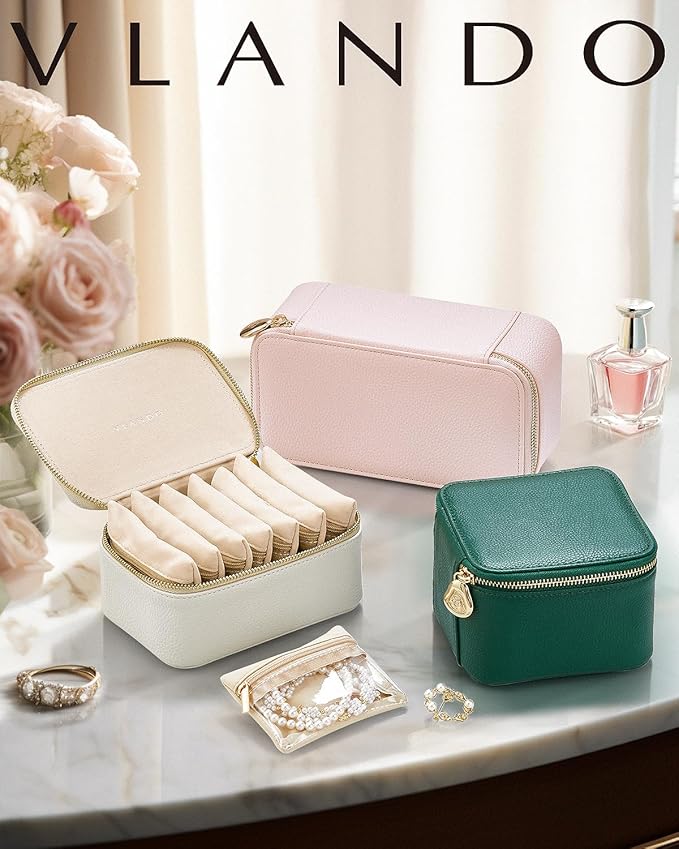 Vlando Jewelry Travel Case, Travel Jewelry Organizer with Clear Velvet Jewelry Bags 6Pcs Zipper Pouch for Women Girl Christmas Wedding Gift-Green