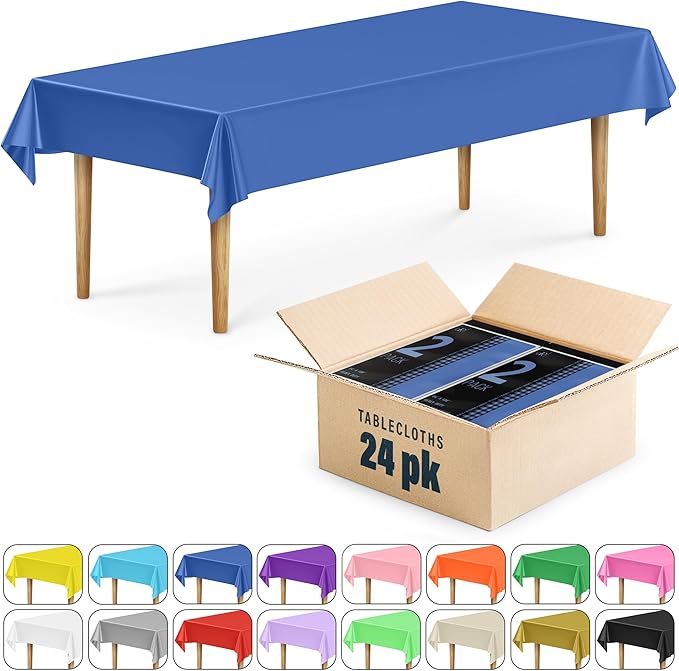 DecorRack 24 Pack Rectangular Tablecloths BPA-Free Plastic, 54 x 108 inch, Dining Table Cover Cloth for Parties, Picnic, Camping and Outdoor, Disposable or Reusable in Blue (24 Pack)