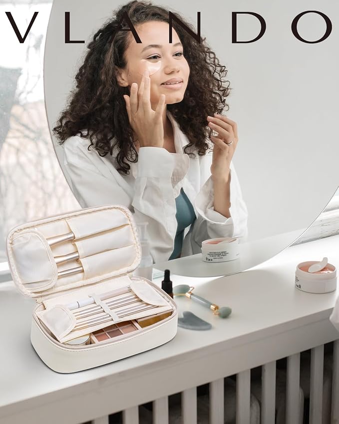 Vlando Travel Makeup Bag,Small Makeup Pouch Cosmetic Bag for Women Makeup Organizer Bag Gifts for Women Girlfriend Teacher Mom Brithday Gifts-White