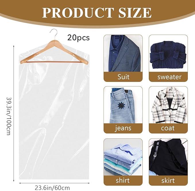 20 Pack Clear Clothes Covers for Hanging Garment Plastic Suit Bags Dry Cleaning Bags Transparent Dust-proof Garment Covers for Dry Cleaner, Home Storage, Travel (60 x 100cm)