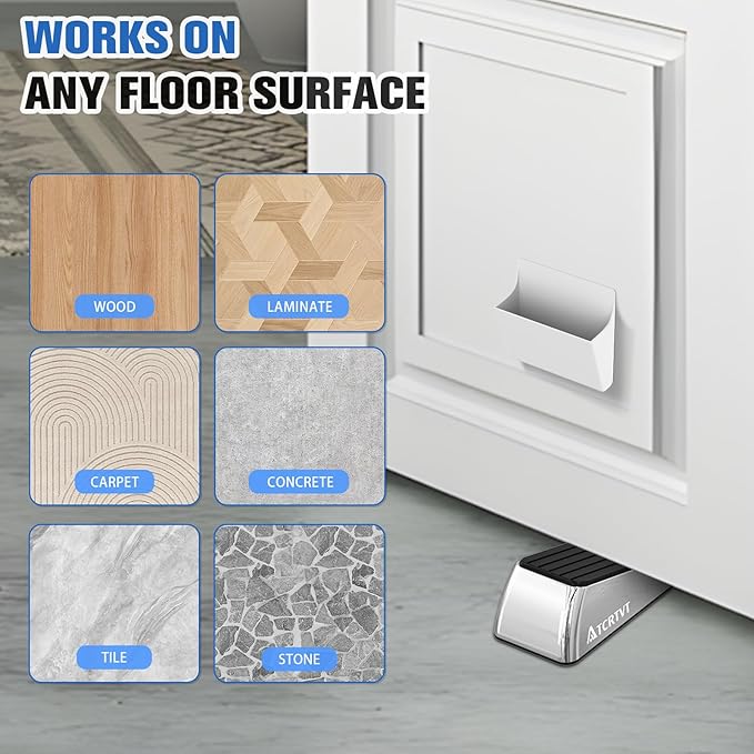 Heavy Duty Door Stopper Wedge - 1 Pack Big Size Door Stop Wedge Made of Aluminum Alloy Metal Suits Any Door, Any Floor with Set of 2 Plus Self-Adhesive Holder Satin Nickel Large Version