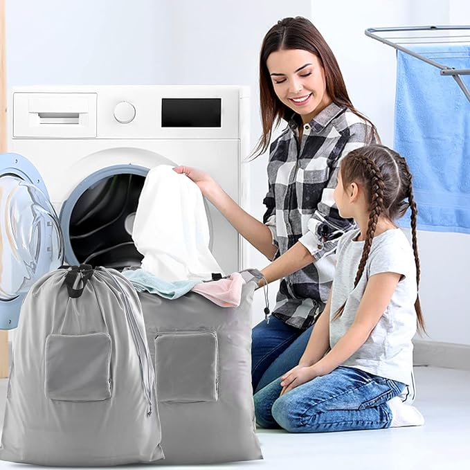 2 Pcs Travel Laundry Bags, JHX Dirty Clothes Organizer【Upgraded】with Handles and Aluminum Carabiner, Collapsible Laundry Bag for Travel, Camp, Fitness, and Students（Grey） 24"L x 21"W