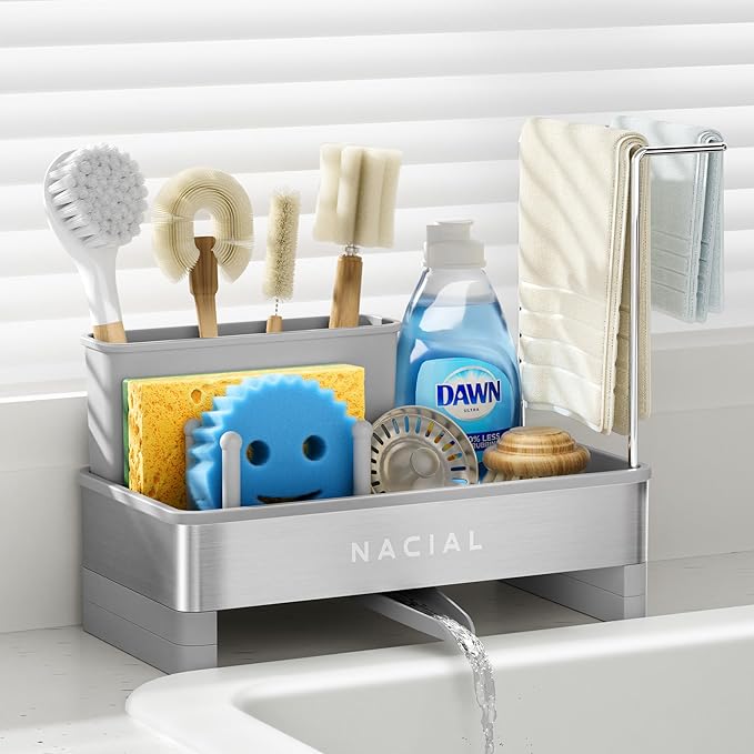 Nacial Sponge Holder for Kitchen Sink, Sink Caddy Organizer with High Brush Holder & Two Towel Racks - Rustproof 304 Stainless Steel Kitchen Countertop Storage Essentials - Grey