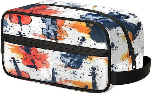 Violin Splash Art Travel Toiletry Bag for Women, Waterproof Cosmetic Makeup Bag with PU Handle & Zipper, 2 Compartment Portable Shaving Bag for Bathroom, Gym, Business Trips