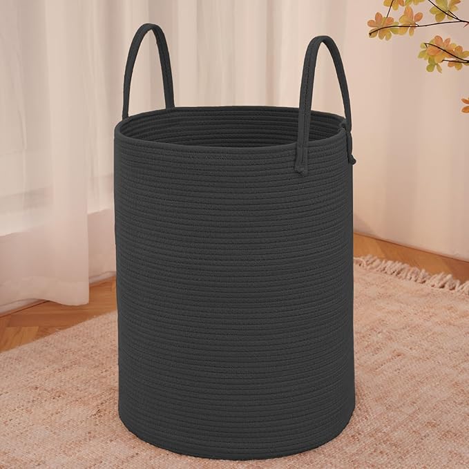 Large Woven Laundry Basket Hamper, 60L Cotton Rope Storage Bin for Blankets, Toys, and Clothes, Decorative Tall Nursery Hamper for Living Room, Baby Nursery, Bathroom, and Bedroom, Black