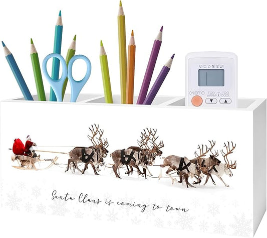Winter Christmas Pen Pencil Holder for Desk, Christmas Office Decor, Rustic Farmhouse Xmas Santa Claus and Reindeer Wooden Box Block Sign for Home Office Desk Tabletop Decoration
