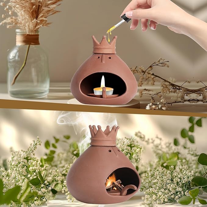 Terracotta Palo Santo Holder Incense Burner with Chimney for Yoga, Relaxation, Meditation, Sticks Dish, Sage Ash Catcher, Smudge Bowl, Cone Burner, Essential Oil Burning, Gift for Women Christmas