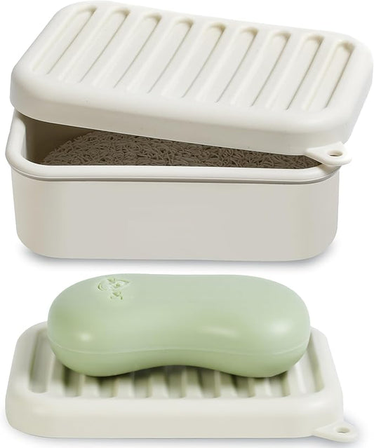 Portable Leakproof Travel Soap Case, Silicone Travel Soap Case, Compact Soap Holder with Drainage Layer, Travel Soap Holder for Camping, Gym, Outdoor (Rice White)