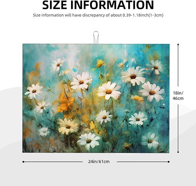 Watercolor Flowers Daisy Absorbent Dishes Drainer/Rack Mat for Countertop Large Size 18 x 24, Microfiber Dish Drying Pads Kitchen Counter Draining Pad, Teal