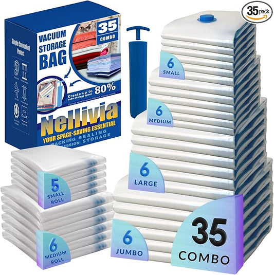 35 Pack Vacuum Storage Bags with Pump, Compression Space Saver for Comforters, Bedding, Blanket Storage, Vacuum Seal Bags for Clothing, Luggage and Closet Organizer, Safe Poly Material