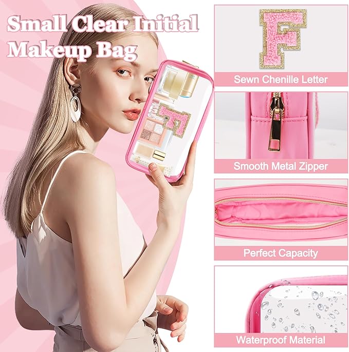 Small Clear Personalized Initial Makeup Bag,Nylon Preppy A-Z Chenille Letter Patch Cosmetic Pouch Beach Toiletry Bag,Waterproof Zipper Travel Purse Storage Bag Organizer for Women Girls(Pink-Pink F)