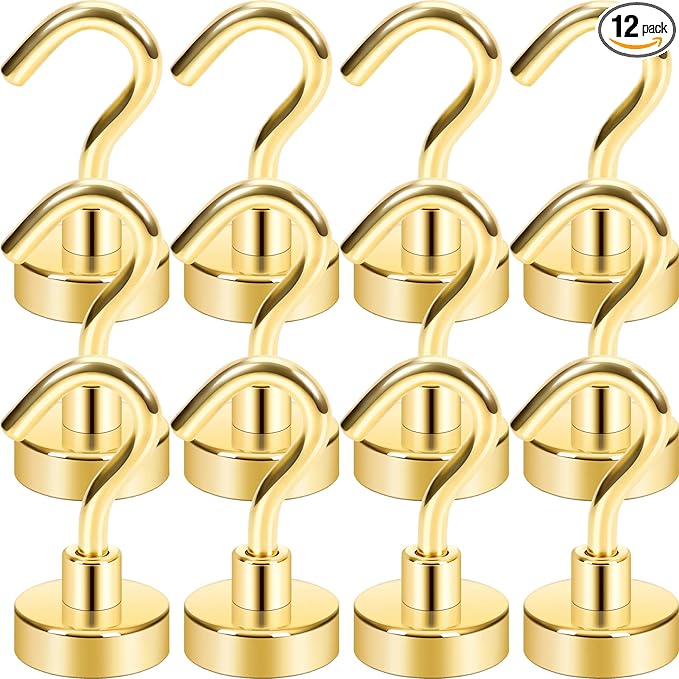 Neosmuk Magnetic Hooks, Heavy Duty 30lb+ Strong Magnet Hook for Cruise Cabins, Cruise Ship Essentials for Hanging, Metal Wall Refrigerator Hangers (Gold, 12 Pack)