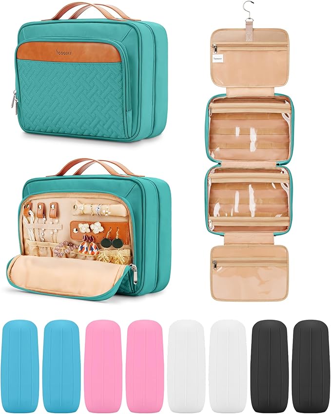 Travel Hanging Toiletry Bag for Women and Men, with 8 Leak Proof Silicone Bottle Covers, Waterproof Makeup Accessories, Cosmetic Essentials, Toiletries Dopp Kit Set with Jewelry Organizer, Blue