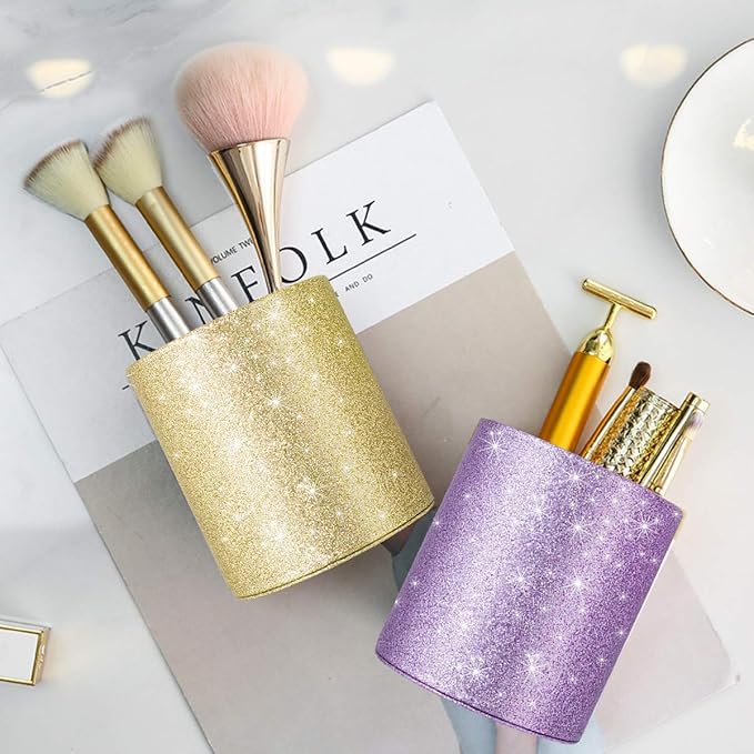 WAVEYU Gold Pencil Holder, Decorative Pens Holder for Desk, Makeup Brushes Organizer for Table, Large Pu Leather Multi-Functional Organizer Cup for Office, Classroom, Home, Champagne Gold