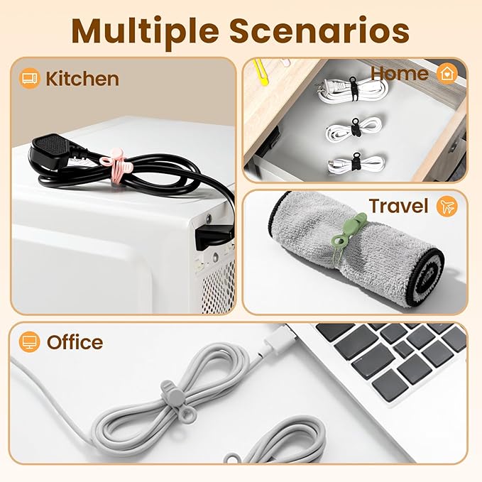 30 Pcs Silicone Cable Ties, Reusable Data Cable Organizer Wire Organizers for Office, Multipurpose Elastic Cord Wraps Cable Management for Charging Cord,Appliances,Home,Office,Kitchen,School,Travel
